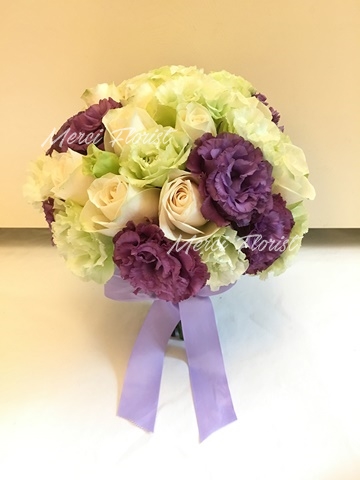 **RSEU PP03** Cream Rose Green Purple Eustoma Round Bridal Bouquet