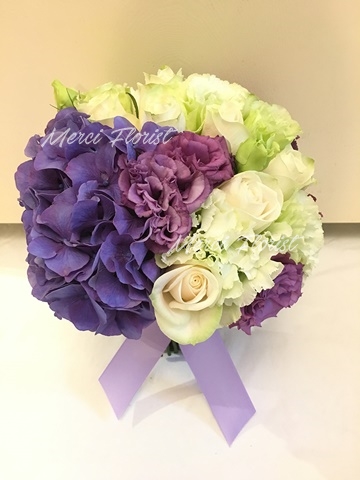 **HGRSEU PP04** Purple Hydrangea Cream Rose Green Purple Eustoma Round Bridal Bouquet